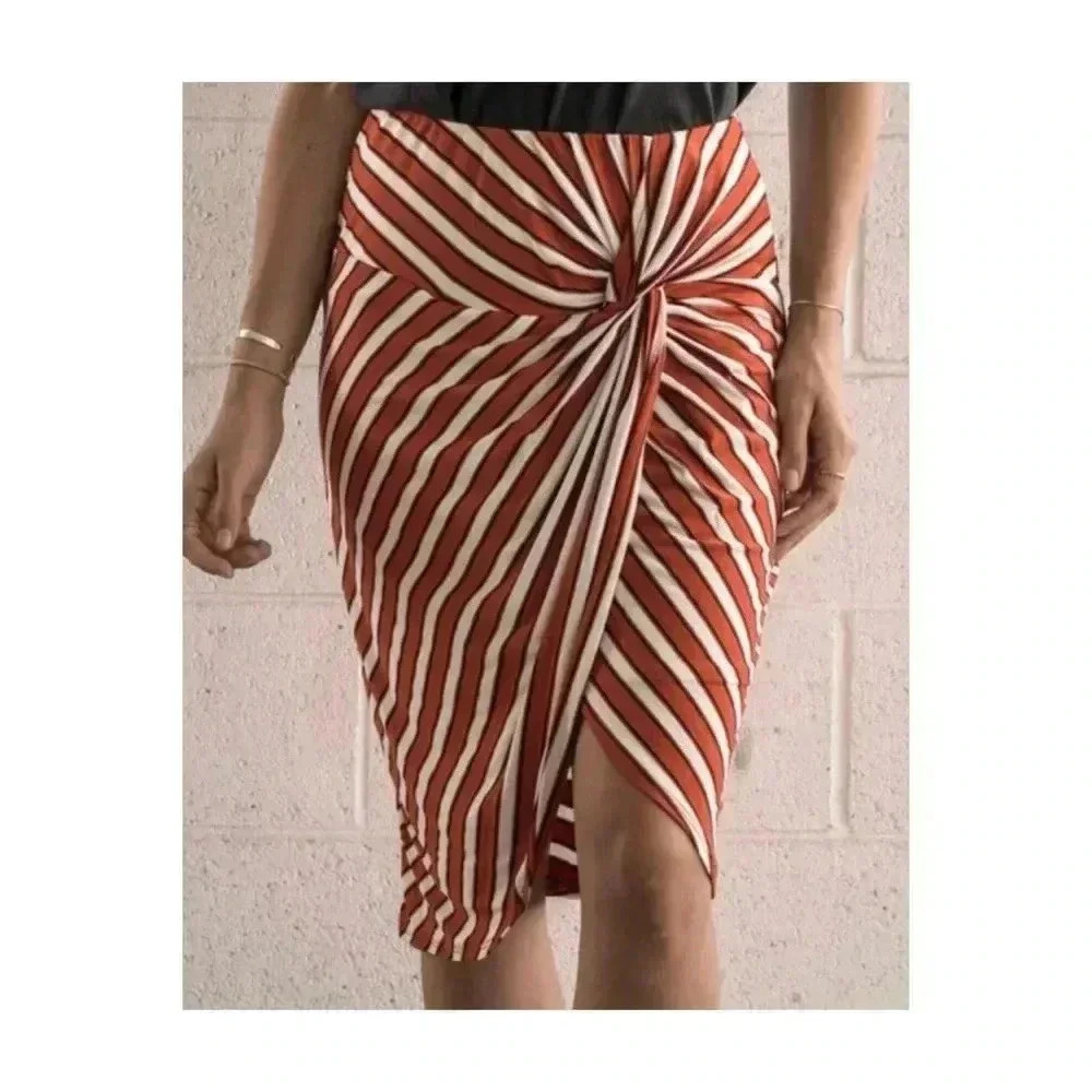 🆕Rust & White Stripe Knot-Front Pencil Skirt L🆕
